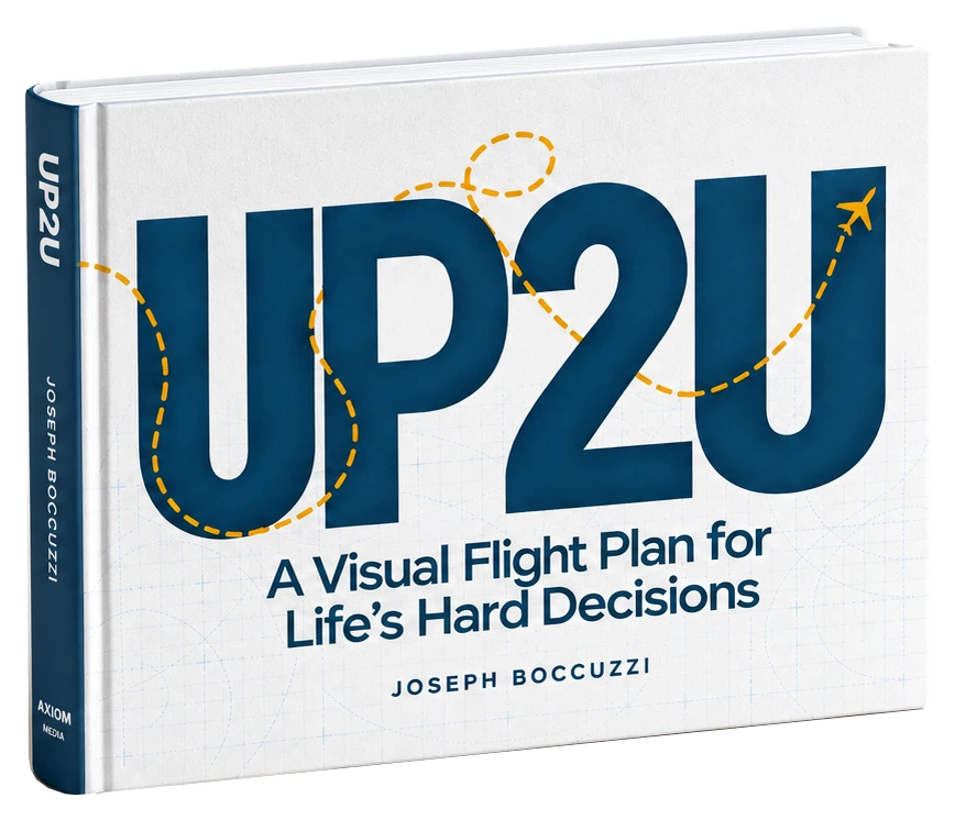 UP2U landscape book with its navy spine and golden flight path