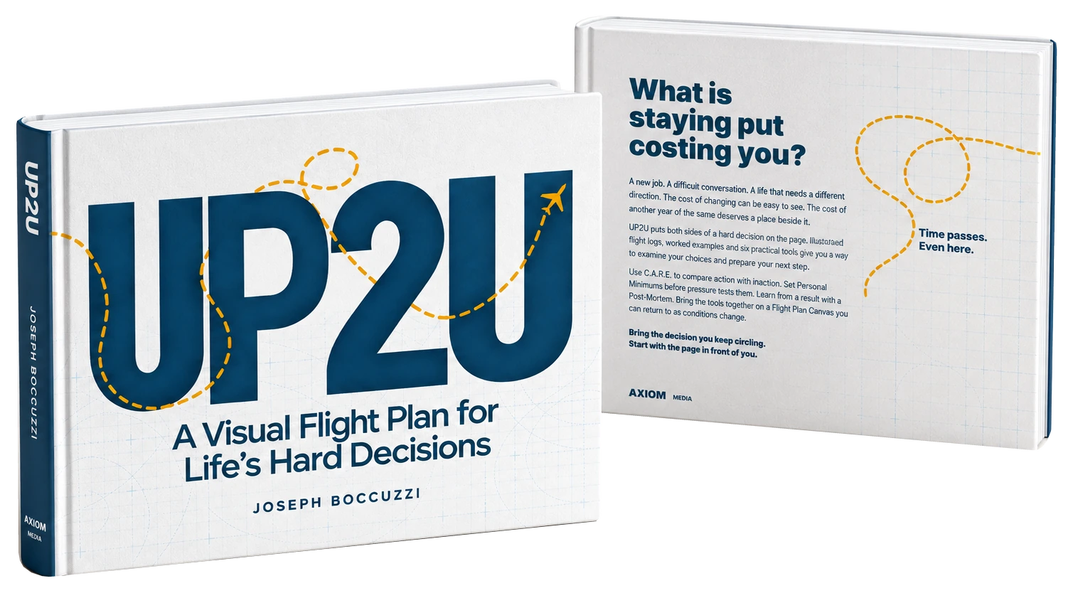 UP2U illustrated business book: white and navy front cover, golden flight path, navy spine and matching back cover