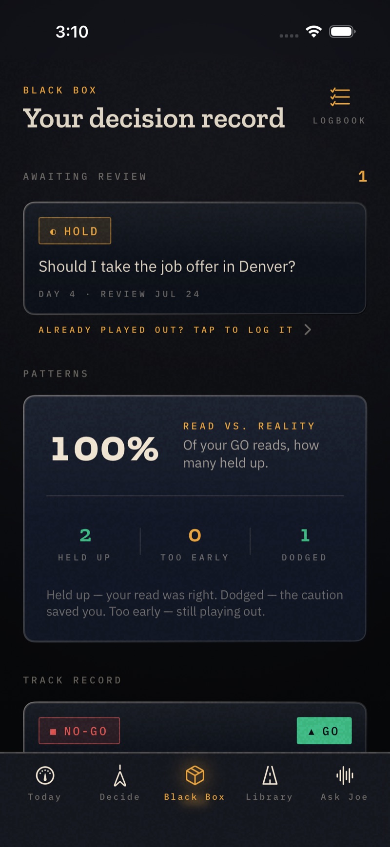 UP2U Co-Pilot — the Black Box, your decision record with held-up and dodged calls